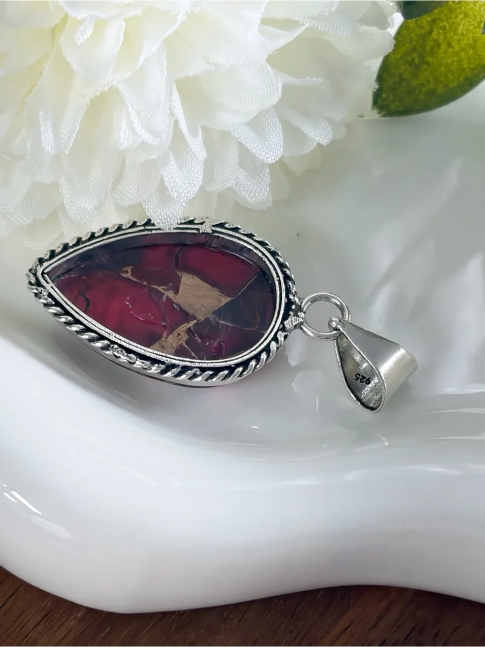 Genuine Rose Dahlia Turquoise Pendant Necklace New Sterling Silver 925 Overlay